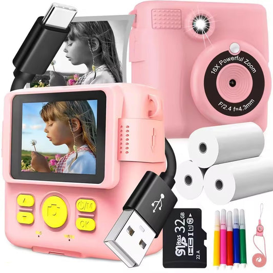 Pink ABS-681 Portable Kids Mini Digital Polaroid with 32GB Card,  3 Rolls Printing Paper & 6 Color Pens - Instant Print Thermal Photo Printer for DIY Fun