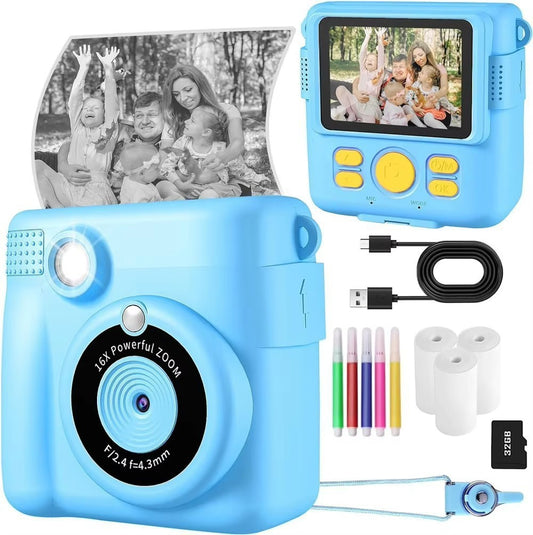 Blue ABS-681 Portable Kids Mini Digital Polaroid with 32GB Card,  3 Rolls Printing Paper & 6 Color Pens - Instant Print Thermal Photo Printer for DIY Fun