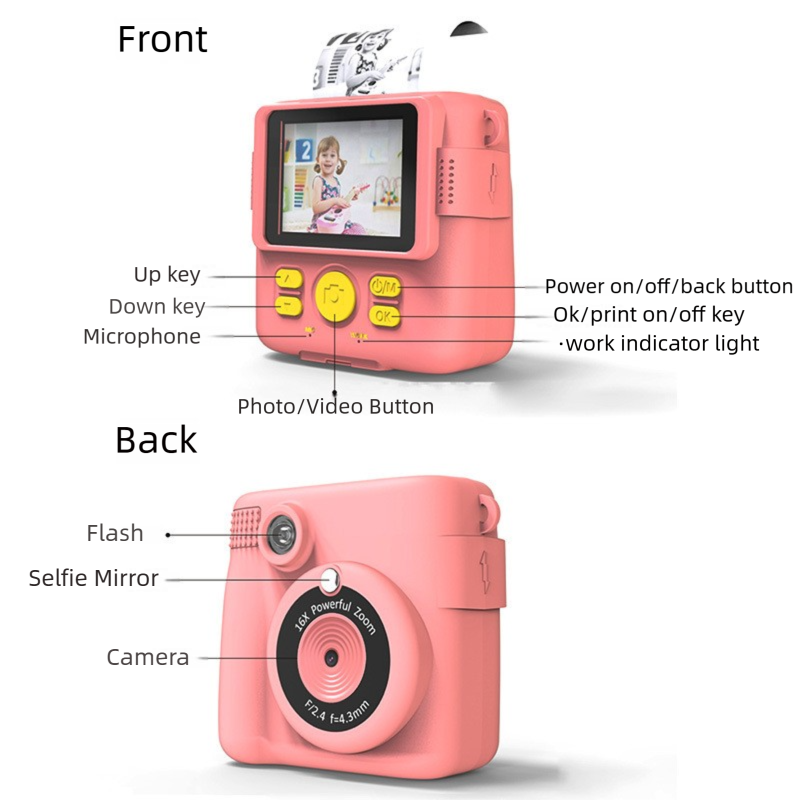 Purple ABS-681 Portable Kids Mini Digital Polaroid with 32GB Card,  3 Rolls Printing Paper & 6 Color Pens - Instant Print Thermal Photo Printer for DIY Fun