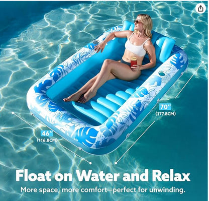 180x118CM Green Deluxe Inflatable Suntan Tub & Floating Pool Lounger with Dual Integrated Cup Holders and Pillow - Portable Sunbathing Pool for Lawn & Water