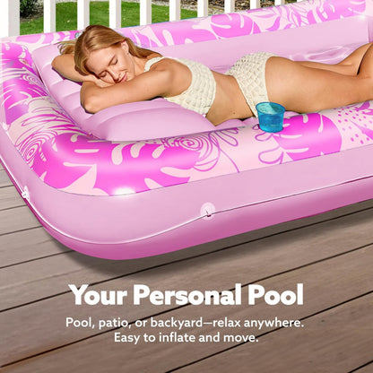 180x118CM Blue Transparent Inflatable Suntan Tub & Floating Pool Lounger with Dual Integrated Cup Holders and Pillow - Portable Sunbathing Pool for Lawn & Water
