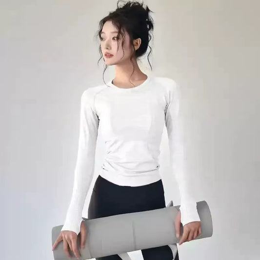 L White Premium Women's Naked-Feel Seamless Long Sleeve Fitness Top | Quick-Dry Yoga & Running Shirt | Slim Fit Athletic Wear