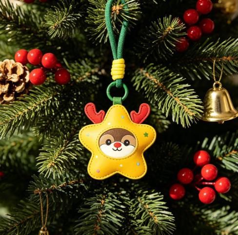 2-Piece Christmas star and reindeer Shaped PU Leather Keychains – Cute Holiday Bag Ornaments and Car Decorations
