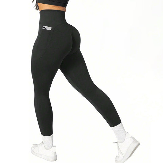 M Size Black Breathable High-Waist Ruched Butt-Lift Yoga Leggings - Dual Pockets & No Front T - LineNaked-Feel Performance Tights for Gym, Running & Pilates