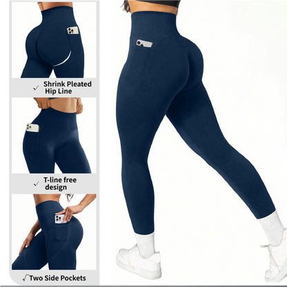 M Size Black Breathable High-Waist Ruched Butt-Lift Yoga Leggings - Dual Pockets & No Front T - LineNaked-Feel Performance Tights for Gym, Running & Pilates