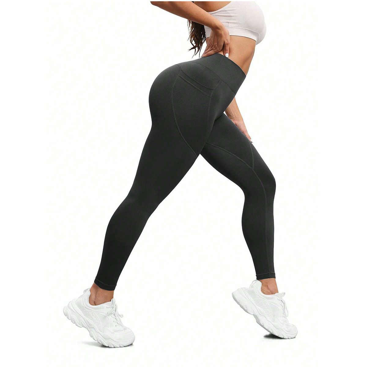 M Size Black Breathable High-Waist Ruched Butt-Lift Yoga Leggings - Dual Pockets & No Front T - LineNaked-Feel Performance Tights for Gym, Running & Pilates