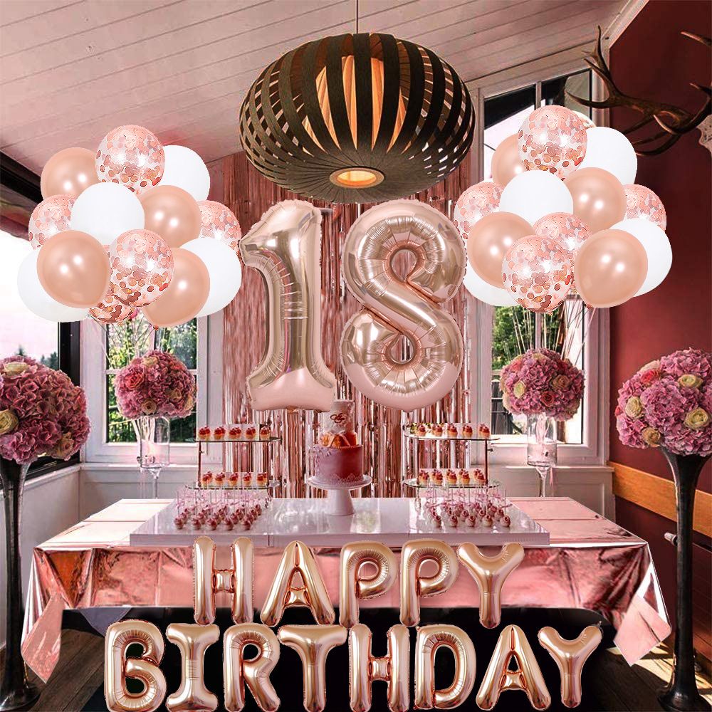 Rose Gold 18th Birthday Balloon Decoration Set - Foil Number Balloons, Happy Birthday Letter Banner, Tassel Curtain, Confetti Balloons, Latex Balloons & Tape - Complete Party Decor Kit for 18th, 21st, 30th  Birthdays