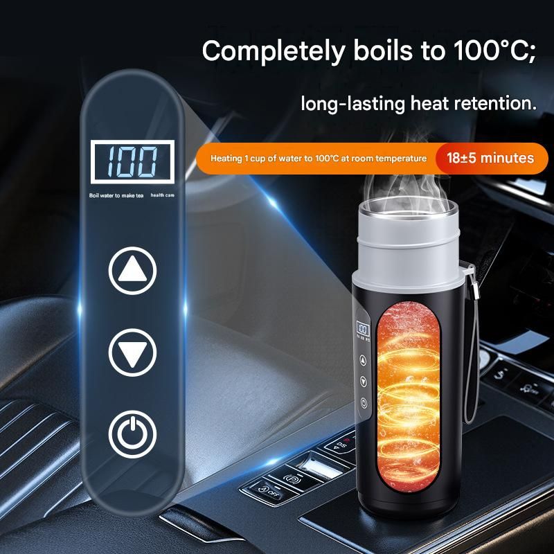 Black Portable Car Electric Kettle 12V/24V Universal USB Travel Water Boiler 500ml 316 Stainless Steel Smart Temperature Control