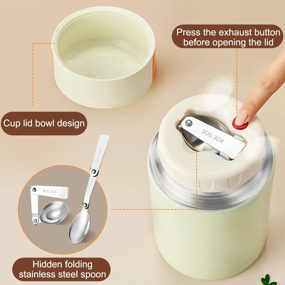 Green 800ml Stainless Steel Thermal Stew Jar Portable Insulated Lunch Pot with Handle – Vacuum Insulated Soup Container(Foldable model)