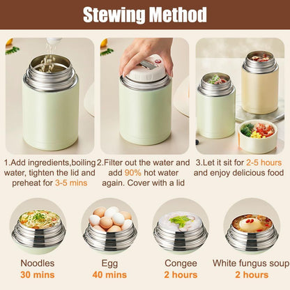 Green 800ml Stainless Steel Thermal Stew Jar Portable Insulated Lunch Pot with Handle – Vacuum Insulated Soup Container(Foldable model)