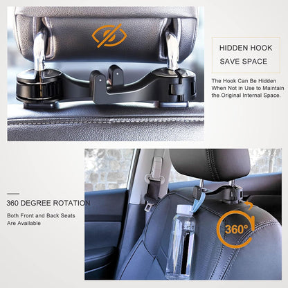 4 Pack Silver Car Headrest Hook with Phone Holder for Purses Bags and 4-6.5 Inch Smartphones, Universal 360 Rotation Back Seat Storage Hook and Mobile Stand