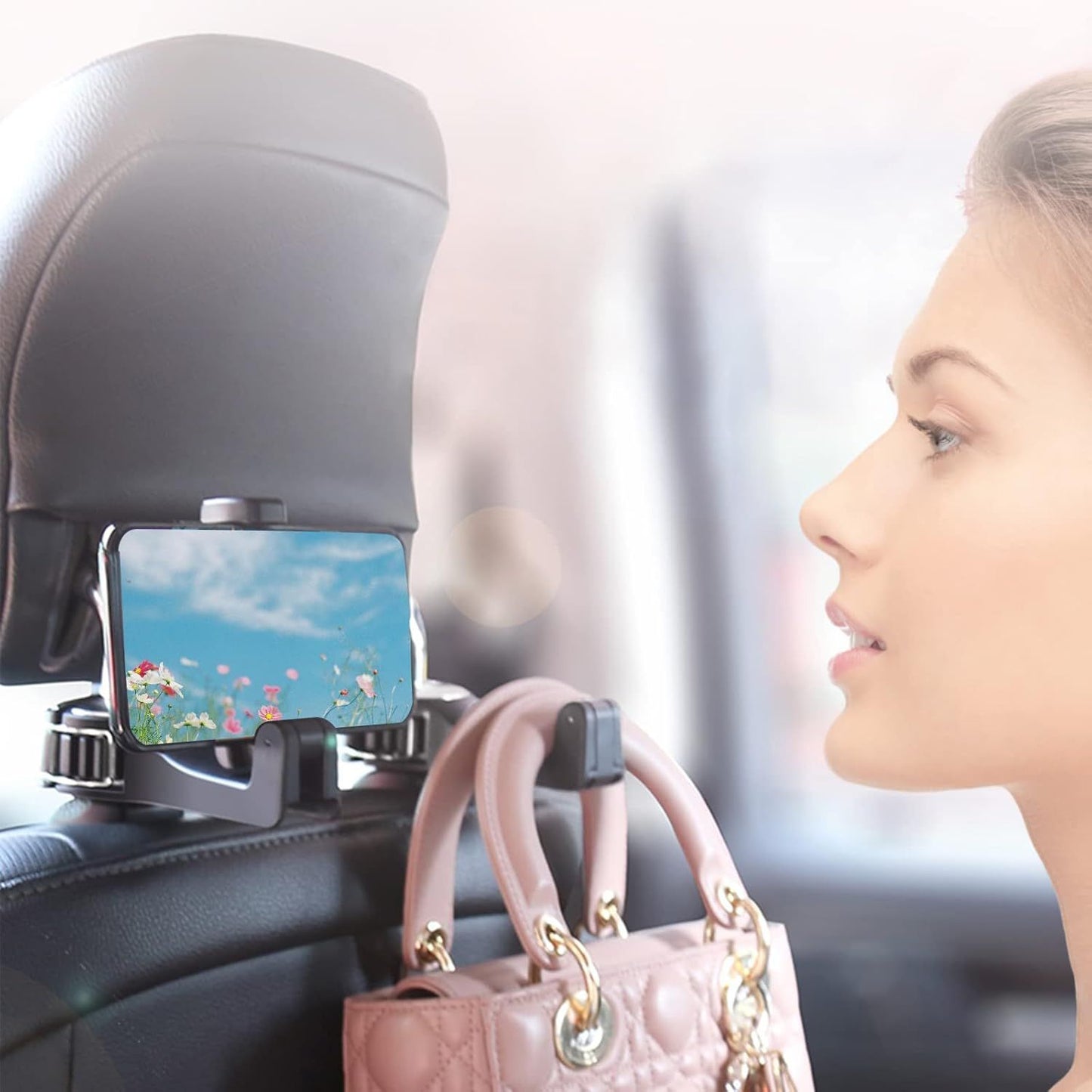 4 Pack Gold Car Headrest Hook with Phone Holder for Purses Bags and 4-6.5 Inch Smartphones, Universal 360 Rotation Back Seat Storage Hook and Mobile Stand