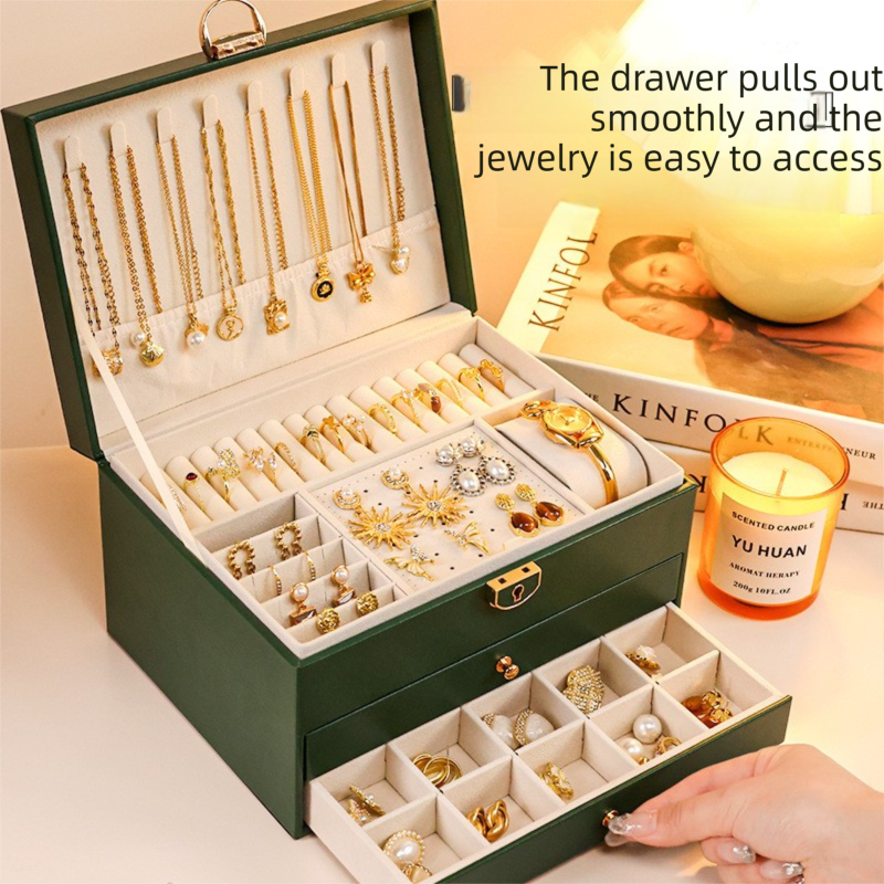 Pink Large Lockable Jewellery Box with 3 Drawers PU Leather Jewellery Organiser Case for Rings Earrings Necklaces Watches and Bracelets