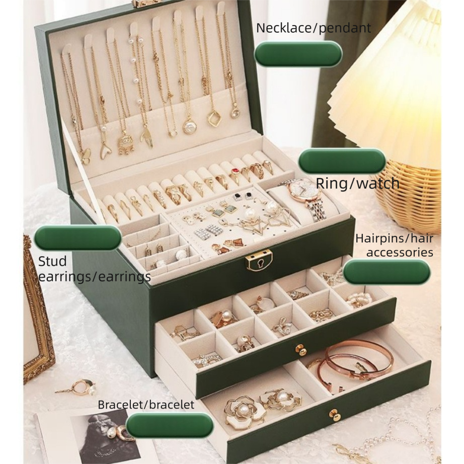 Pink Large Lockable Jewellery Box with 3 Drawers PU Leather Jewellery Organiser Case for Rings Earrings Necklaces Watches and Bracelets