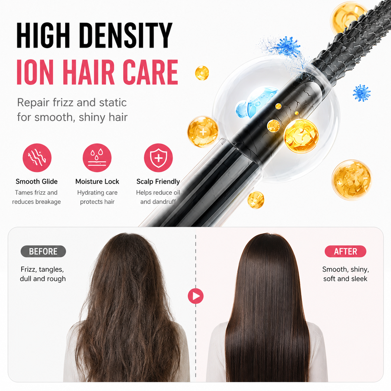 Rose Gold 2 in 1 Wireless Hair Straightener and Curler Brush - Lightweight Ceramic Negative Ion Hair Styler with 4 Adjustable Temps and Anti-Scald Dense Comb Teeth, TypeC Charging