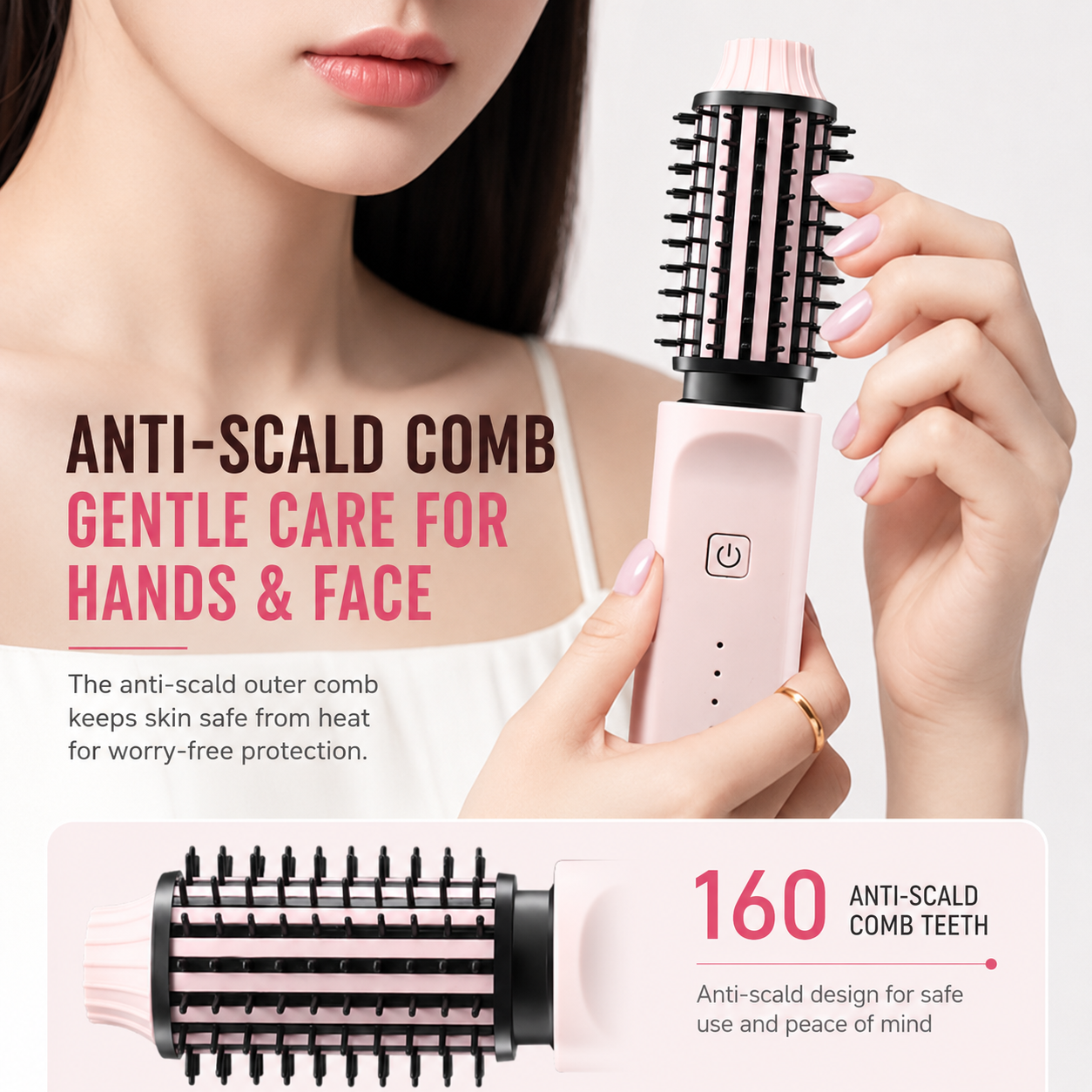 Rose Gold 2 in 1 Wireless Hair Straightener and Curler Brush - Lightweight Ceramic Negative Ion Hair Styler with 4 Adjustable Temps and Anti-Scald Dense Comb Teeth, TypeC Charging