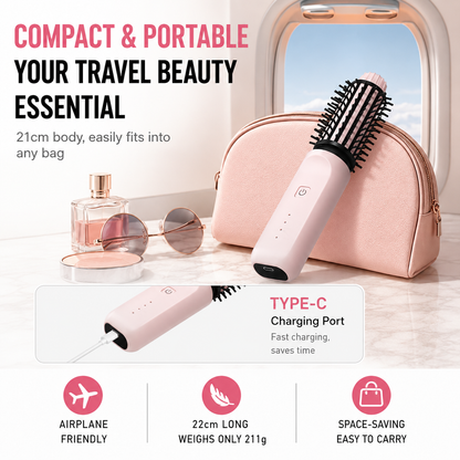 Rose Gold 2 in 1 Wireless Hair Straightener and Curler Brush - Lightweight Ceramic Negative Ion Hair Styler with 4 Adjustable Temps and Anti-Scald Dense Comb Teeth, TypeC Charging