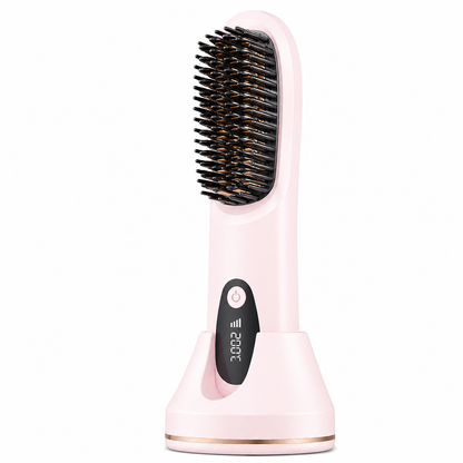 Pink 4D Straight Hair Comb and Negative Ionic Styler with Dual MCH Ceramic Fast Heating, Anti-Scald Round Comb Teeth, 3 Levels Temp LCD Display and Charging Dock