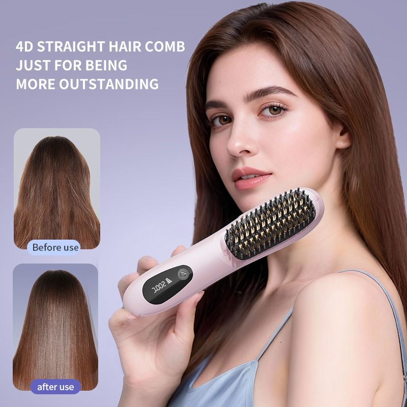 Pink 4D Straight Hair Comb and Negative Ionic Styler with Dual MCH Ceramic Fast Heating, Anti-Scald Round Comb Teeth, 3 Levels Temp LCD Display and Charging Dock