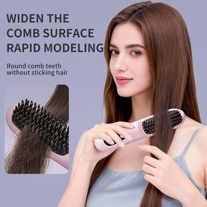Pink 4D Straight Hair Comb and Negative Ionic Styler with Dual MCH Ceramic Fast Heating, Anti-Scald Round Comb Teeth, 3 Levels Temp LCD Display and Charging Dock