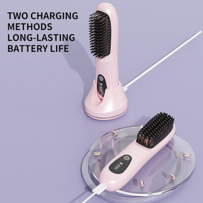 Pink 4D Straight Hair Comb and Negative Ionic Styler with Dual MCH Ceramic Fast Heating, Anti-Scald Round Comb Teeth, 3 Levels Temp LCD Display and Charging Dock
