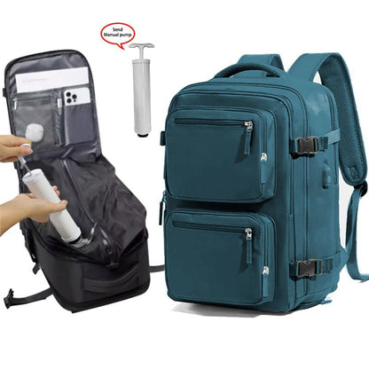 Blue 35L Vacuum Compression Travel Backpack with Manual Air Pump, Shoe Zone and 15.6" Laptop House - Waterproof Suitcase Style Carry On Bag for Men Women Business Commute