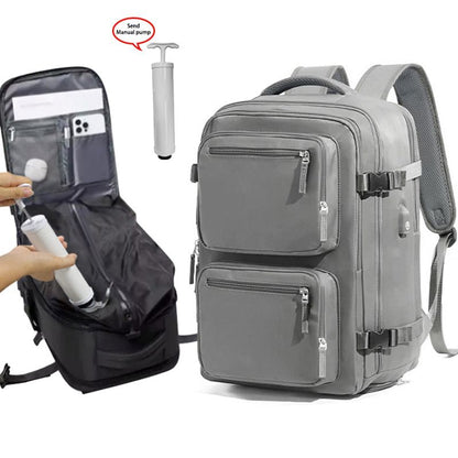 Grey 35L Vacuum Compression Travel Backpack with Manual Air Pump, Shoe Zone and 15.6" Laptop House - Waterproof Suitcase Style Carry On Bag for Men Women Business Commute