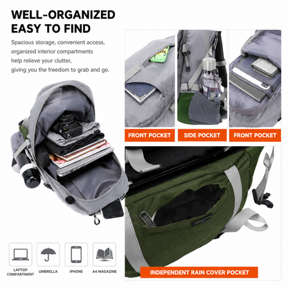 40L Grey Lightweight Outdoor Hiking Backpack with Detachable Suspended Frame & Rain Cover - Waterproof Travel Daypack, Multi-Pocket Storage and Gear Attachments for Trekking Camping Cycling Adventures