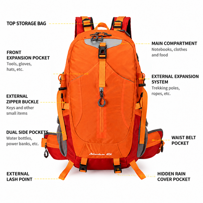 40L Grey Lightweight Outdoor Hiking Backpack with Detachable Suspended Frame & Rain Cover - Waterproof Travel Daypack, Multi-Pocket Storage and Gear Attachments for Trekking Camping Cycling Adventures