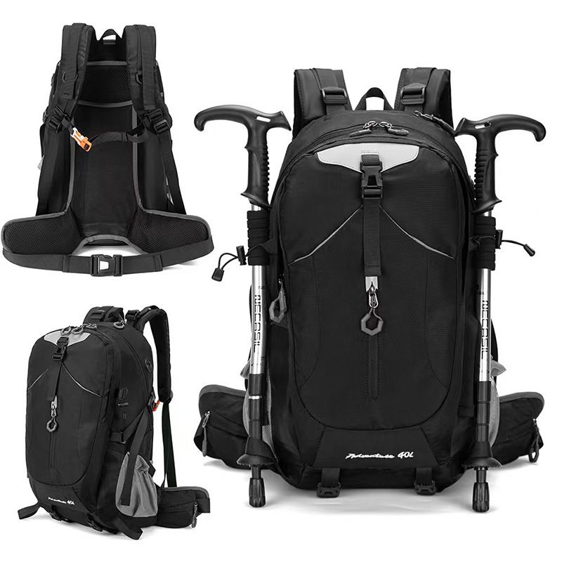 40L Black Lightweight Outdoor Hiking Backpack with Detachable Suspended Frame & Rain Cover - Waterproof Travel Daypack, Multi-Pocket Storage and Gear Attachments for Trekking Camping Cycling Adventures