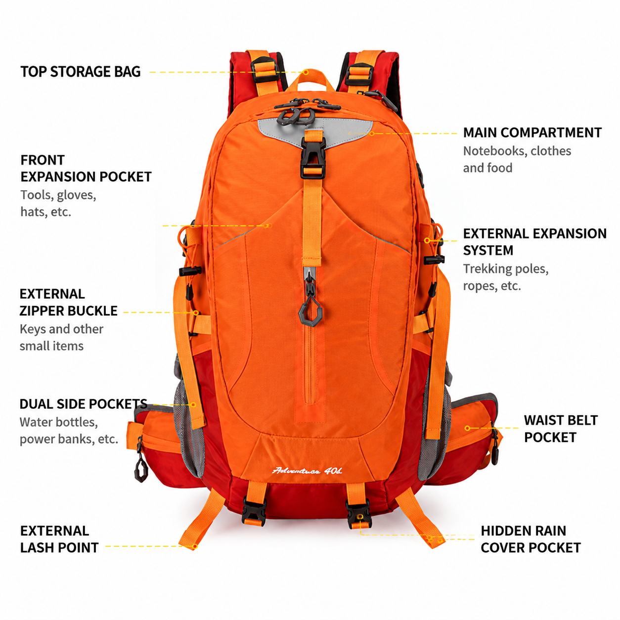 40L Black Lightweight Outdoor Hiking Backpack with Detachable Suspended Frame & Rain Cover - Waterproof Travel Daypack, Multi-Pocket Storage and Gear Attachments for Trekking Camping Cycling Adventures