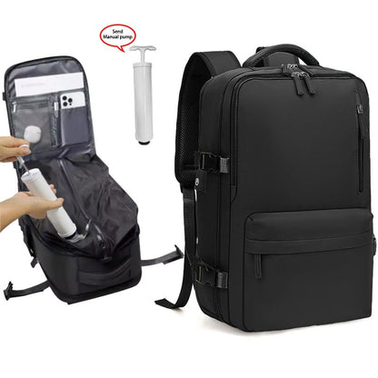 Black 35L Vacuum Compression Travel Backpack with Manual Air Pump, Shoe Zone and 15.6" Laptop House - Waterproof Suitcase Style Carry On Bag for Men Women Business Commute