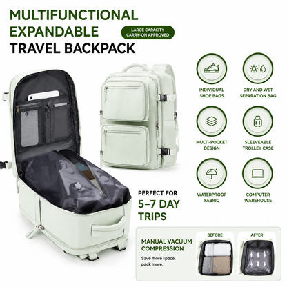 Black 35L Vacuum Compression Travel Backpack with Manual Air Pump, Shoe Zone and 15.6" Laptop House - Waterproof Suitcase Style Carry On Bag for Men Women Business Commute