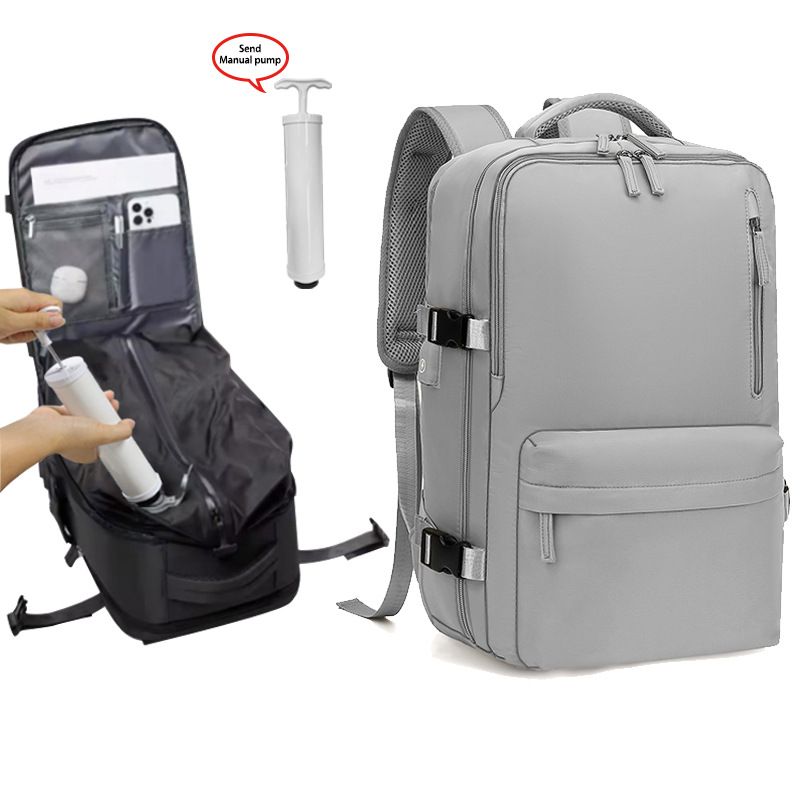 Grey 35L Vacuum Compression Travel Backpack with Manual Air Pump, Shoe Zone and 15.6" Laptop House - Waterproof Suitcase Style Carry On Bag for Men Women Business Commute
