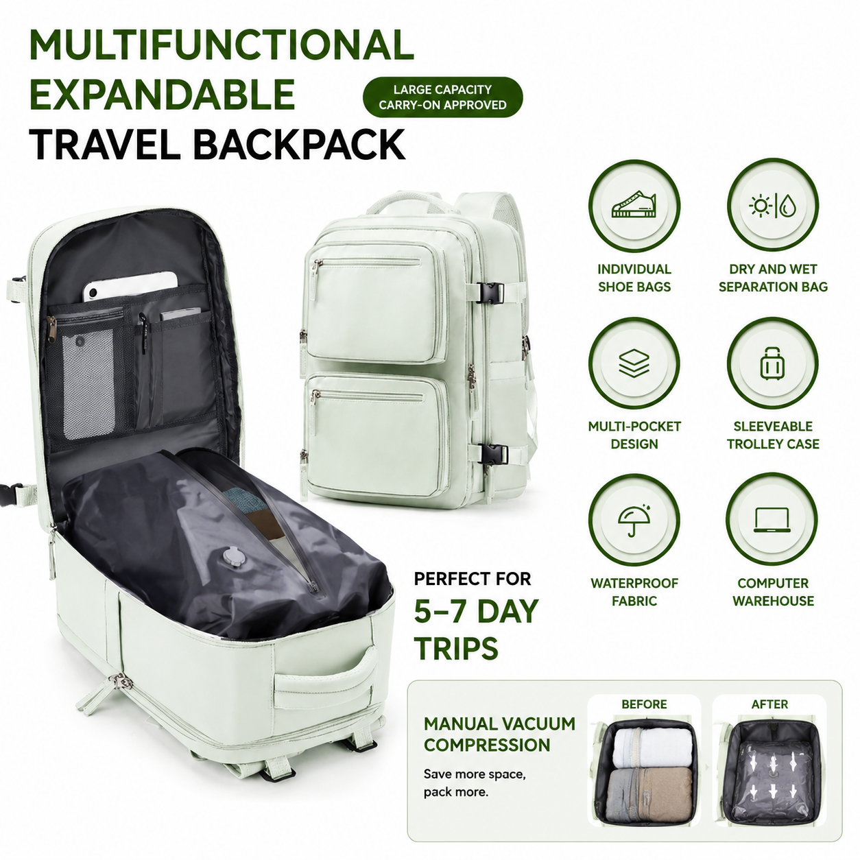 Grey 35L Vacuum Compression Travel Backpack with Manual Air Pump, Shoe Zone and 15.6" Laptop House - Waterproof Suitcase Style Carry On Bag for Men Women Business Commute