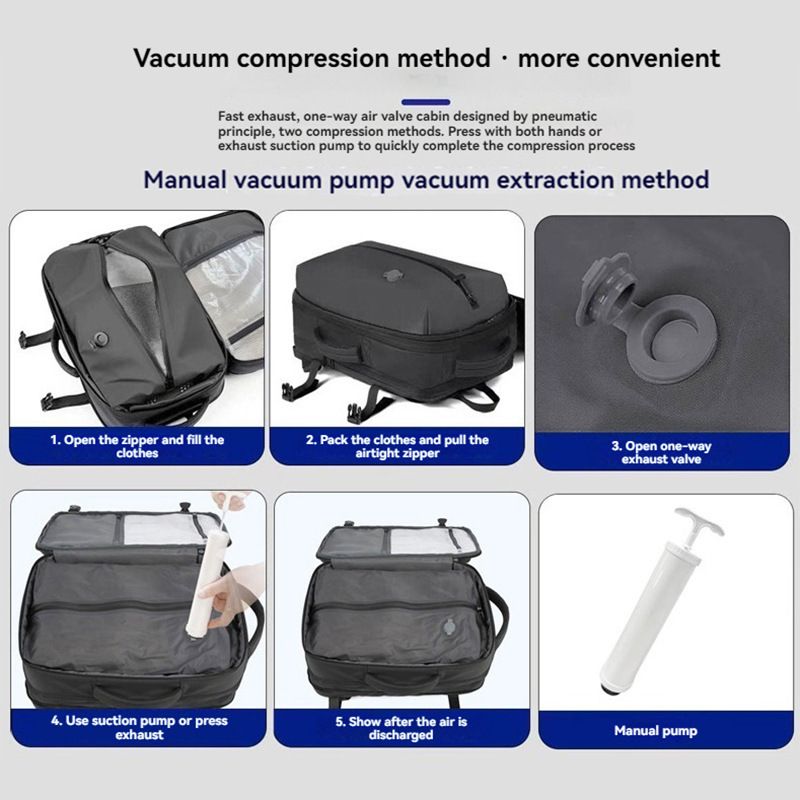 Grey 35L Vacuum Compression Travel Backpack with Manual Air Pump, Shoe Zone and 15.6" Laptop House - Waterproof Suitcase Style Carry On Bag for Men Women Business Commute
