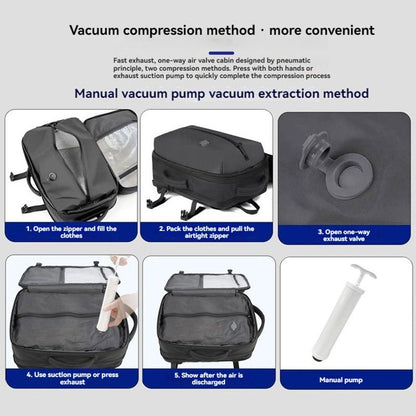 Grey 35L Vacuum Compression Travel Backpack with Manual Air Pump, Shoe Zone and 15.6" Laptop House - Waterproof Suitcase Style Carry On Bag for Men Women Business Commute