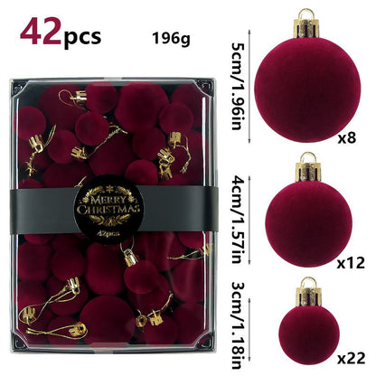 42 Piece Wine Red Flocked Christmas Baubles Set - Velvet Finish Tree Ornaments in 3 Sizes with Hanging Loops, Lightweight Festive Decorations in Gift Box