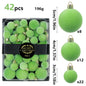 42 Piece Green Flocked Christmas Baubles Set - Velvet Finish Tree Ornaments in 3 Sizes with Hanging Loops, Lightweight Festive Decorations in Gift Box