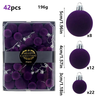 42 Piece Purple Flocked Christmas Baubles Set - Velvet Finish Tree Ornaments in 3 Sizes with Hanging Loops, Lightweight Festive Decorations in Gift Box