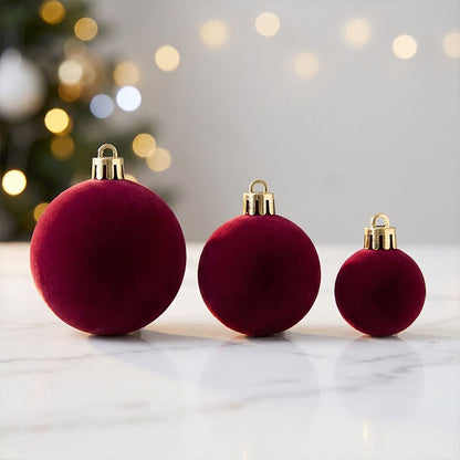 42 Piece Purple Flocked Christmas Baubles Set - Velvet Finish Tree Ornaments in 3 Sizes with Hanging Loops, Lightweight Festive Decorations in Gift Box