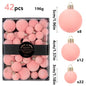 42 Piece Pink Flocked Christmas Baubles Set - Velvet Finish Tree Ornaments in 3 Sizes with Hanging Loops, Lightweight Festive Decorations in Gift Box