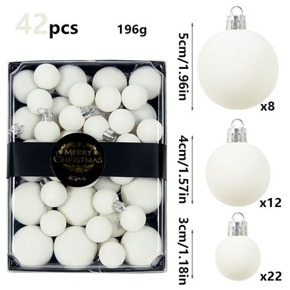 42 Piece White Flocked Christmas Baubles Set - Velvet Finish Tree Ornaments in 3 Sizes with Hanging Loops, Lightweight Festive Decorations in Gift Box