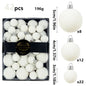 42 Piece White Flocked Christmas Baubles Set - Velvet Finish Tree Ornaments in 3 Sizes with Hanging Loops, Lightweight Festive Decorations in Gift Box