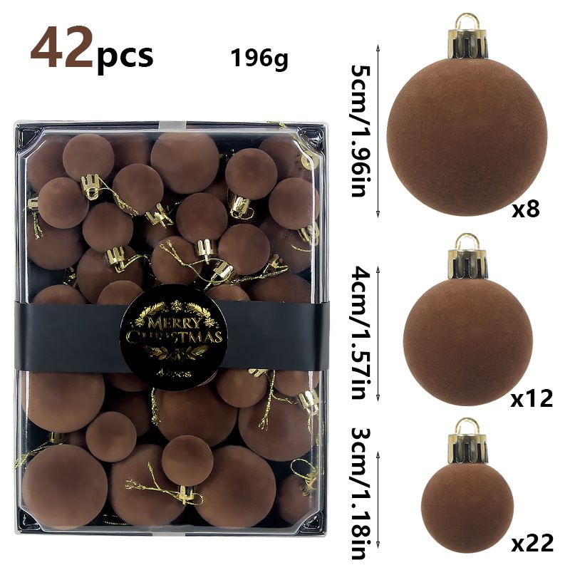 42 Piece Coffee Flocked Christmas Baubles Set - Velvet Finish Tree Ornaments in 3 Sizes with Hanging Loops, Lightweight Festive Decorations in Gift Box