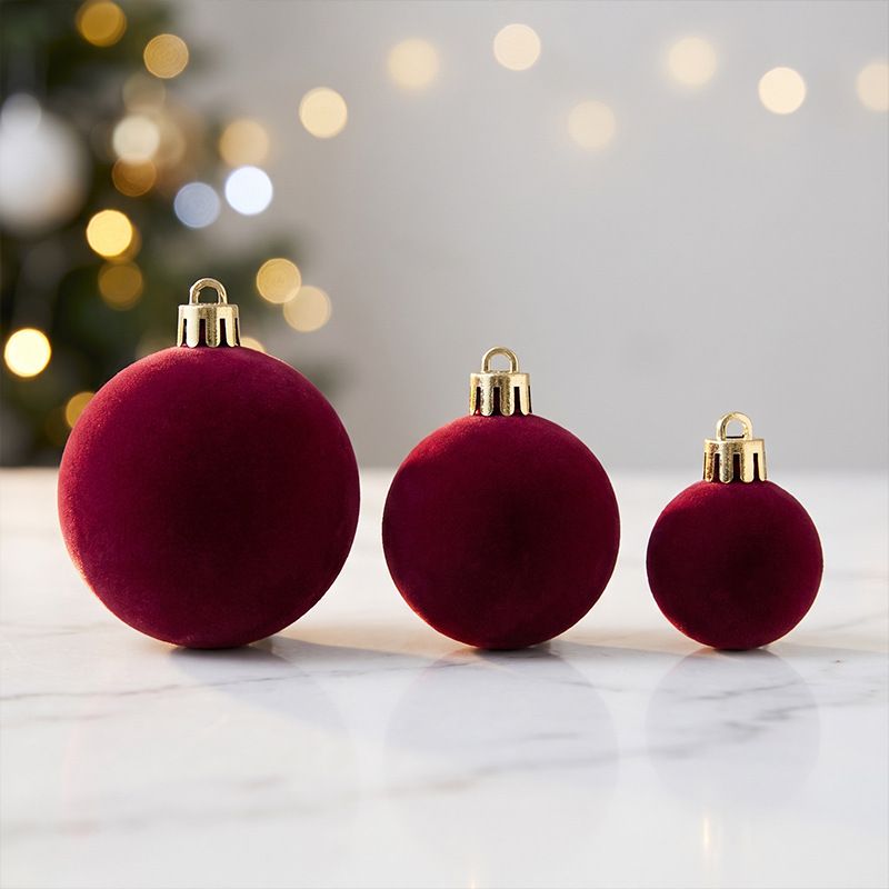 42 Piece Coffee Flocked Christmas Baubles Set - Velvet Finish Tree Ornaments in 3 Sizes with Hanging Loops, Lightweight Festive Decorations in Gift Box
