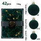 42 Piece Dark Green Flocked Christmas Baubles Set - Velvet Finish Tree Ornaments in 3 Sizes with Hanging Loops, Lightweight Festive Decorations in Gift Box