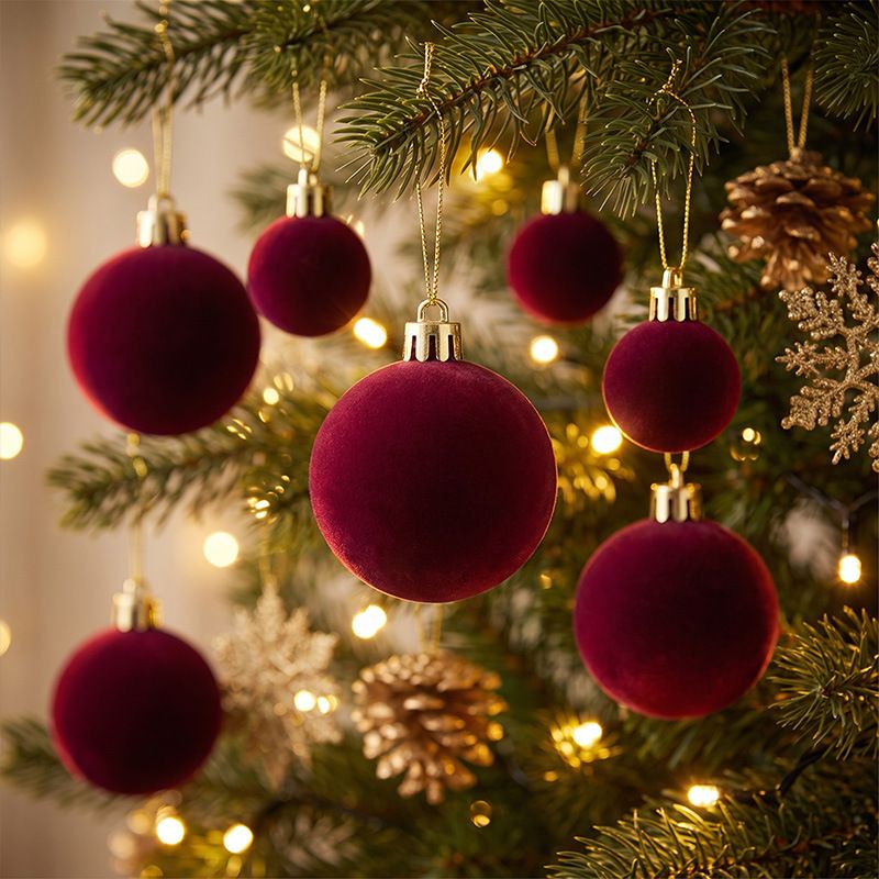 42 Piece Dark Green Flocked Christmas Baubles Set - Velvet Finish Tree Ornaments in 3 Sizes with Hanging Loops, Lightweight Festive Decorations in Gift Box