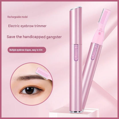 Pink Rechargeable Electric Eyebrow Trimmer - USB Charging, Stainless Steel Rounded Blade, Detachable Washable Head, 4mm/6mm Comb Guides, Portable Facial Hair Remover for Women
