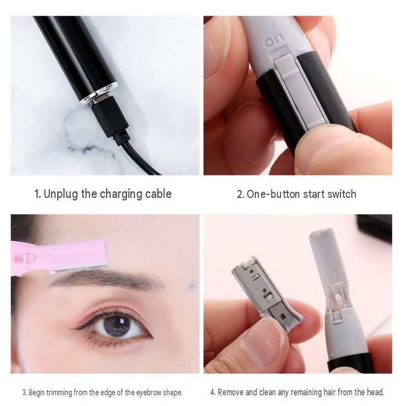 Pink Rechargeable Electric Eyebrow Trimmer - USB Charging, Stainless Steel Rounded Blade, Detachable Washable Head, 4mm/6mm Comb Guides, Portable Facial Hair Remover for Women